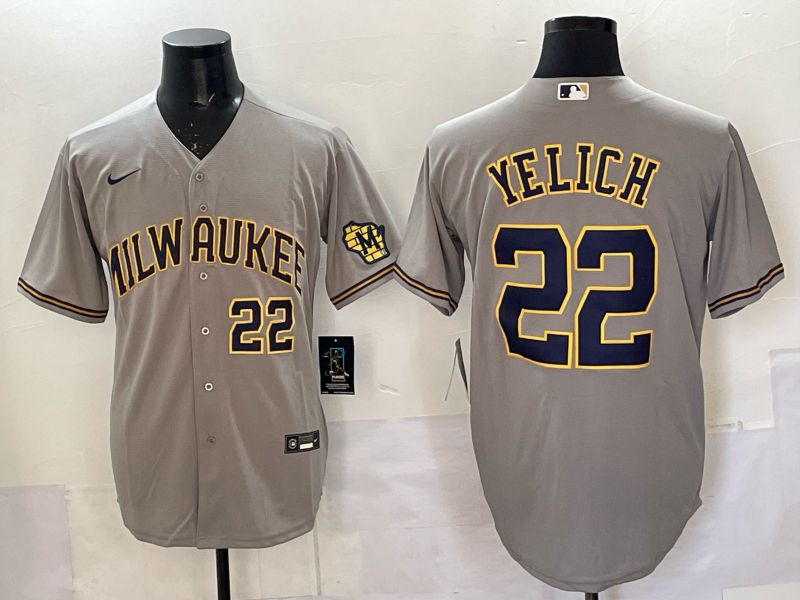 Men 2025 Milwaukee Brewers #22 Yelich Grey Nike MLB Jersey style 062
